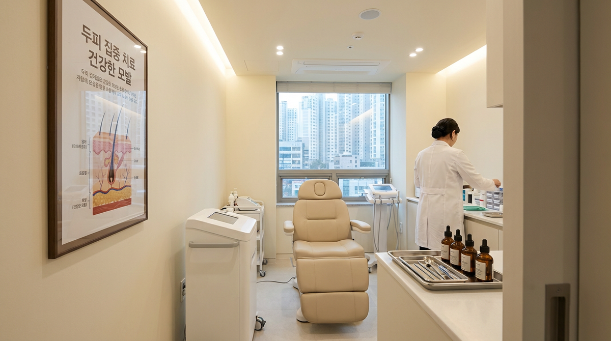 Inside a clinical hair treatment centre in Gangnam, Seoul. Women fly in from across Asia for overnight scalp protocols that Western brands have never replicated.