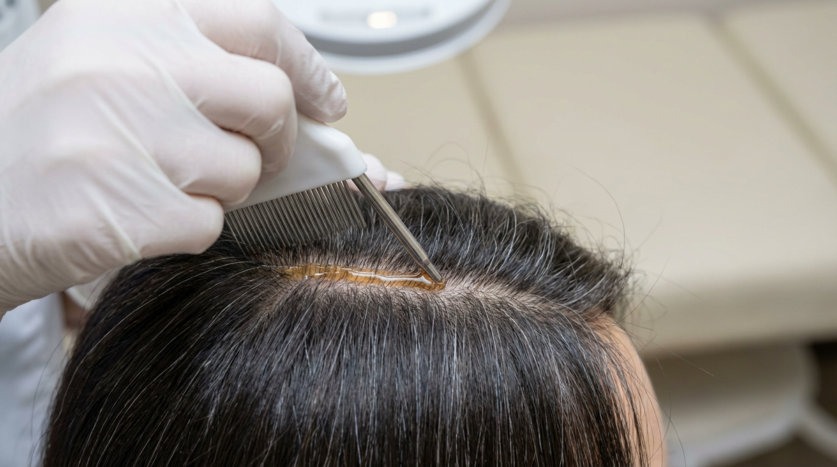 A scalp treatment session at a Gangnam clinic. The overnight protocol allows active ingredients to penetrate the full depth of the hair follicle — something no rinse-off product can achieve.