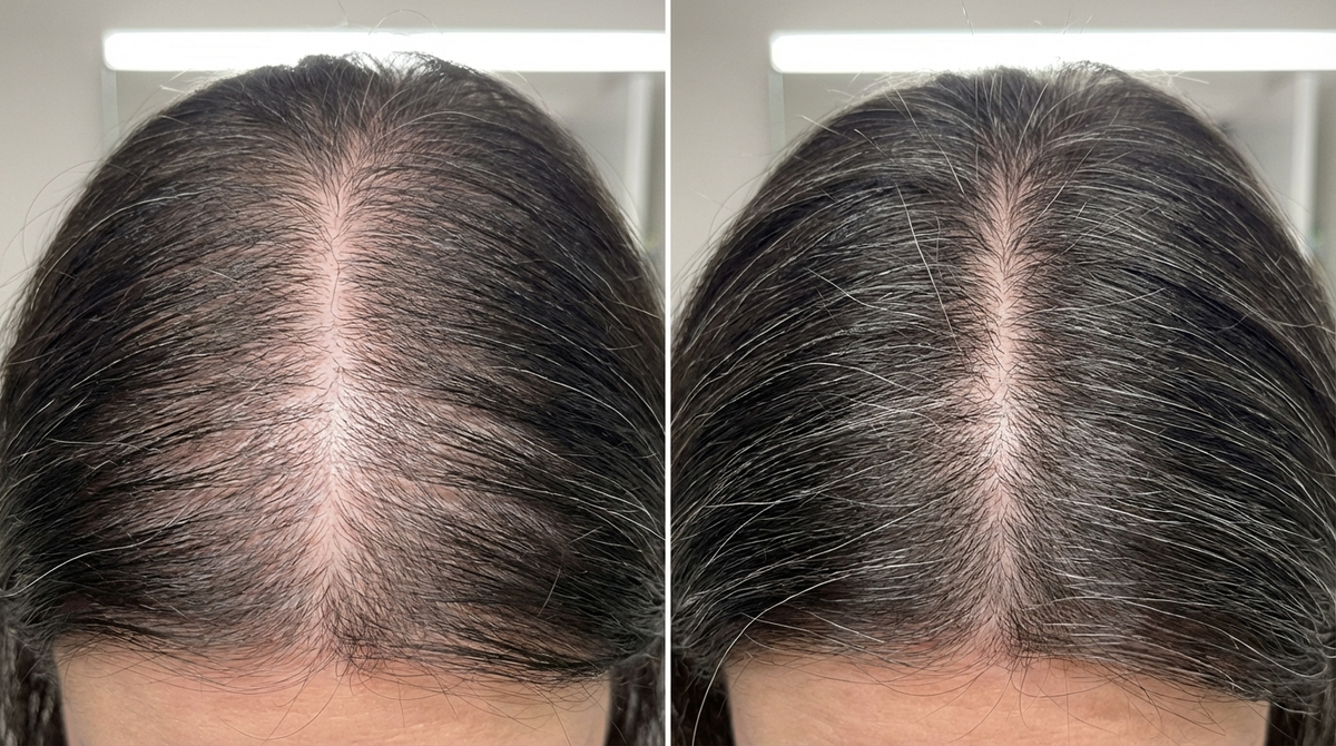 Part line comparison — before and after twelve weeks of overnight application. The narrowing is visible and measurable.